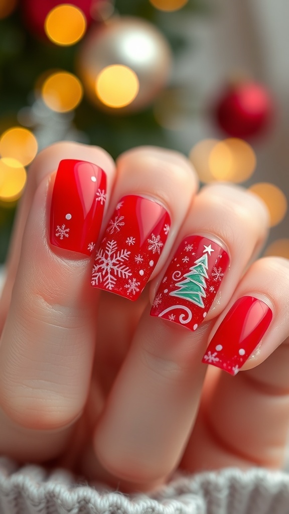 Festive Red Christmas Acrylic Square Nails Close-up of red acrylic square nails with festive designs against a holiday-themed background.